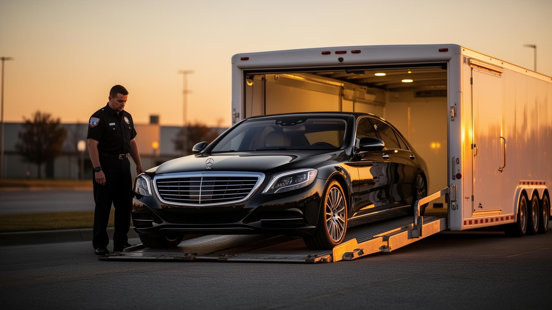 Luxury sedan loaded into enclosed transport trailer